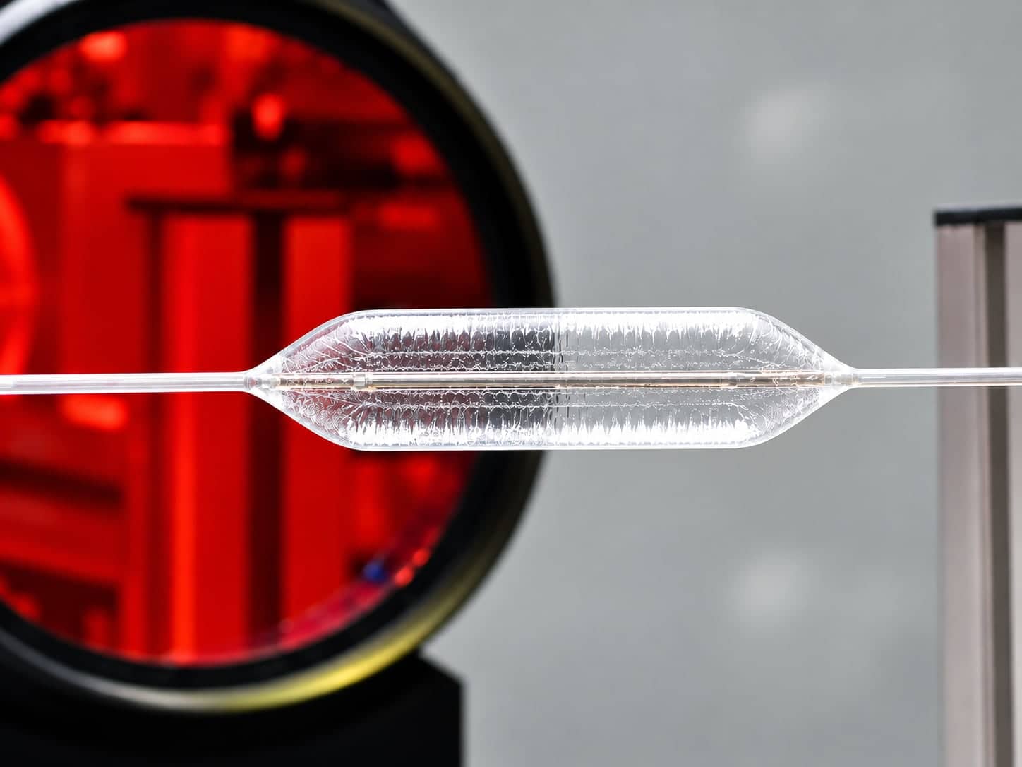 Single-use balloon catheter inflated in front of a test fixture